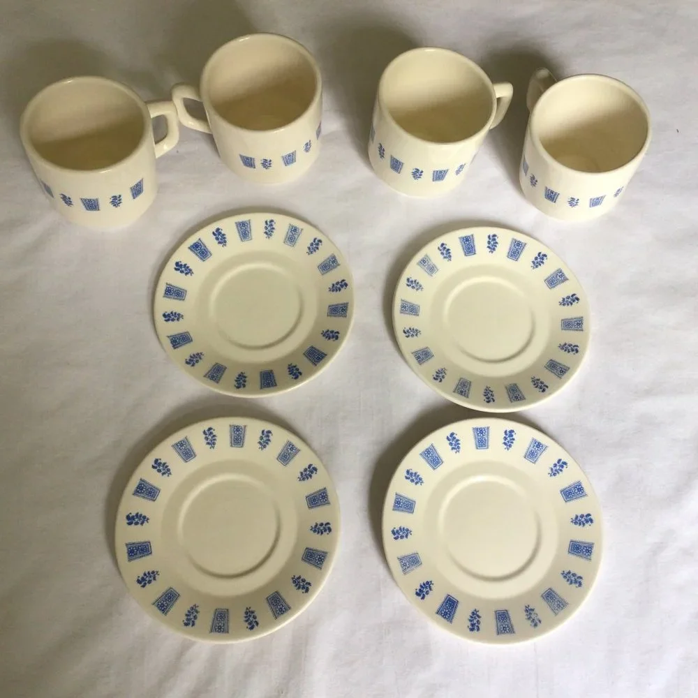 Set of Four Cream colored Mugs and Saucers with blue print design - Picture 5 of 8